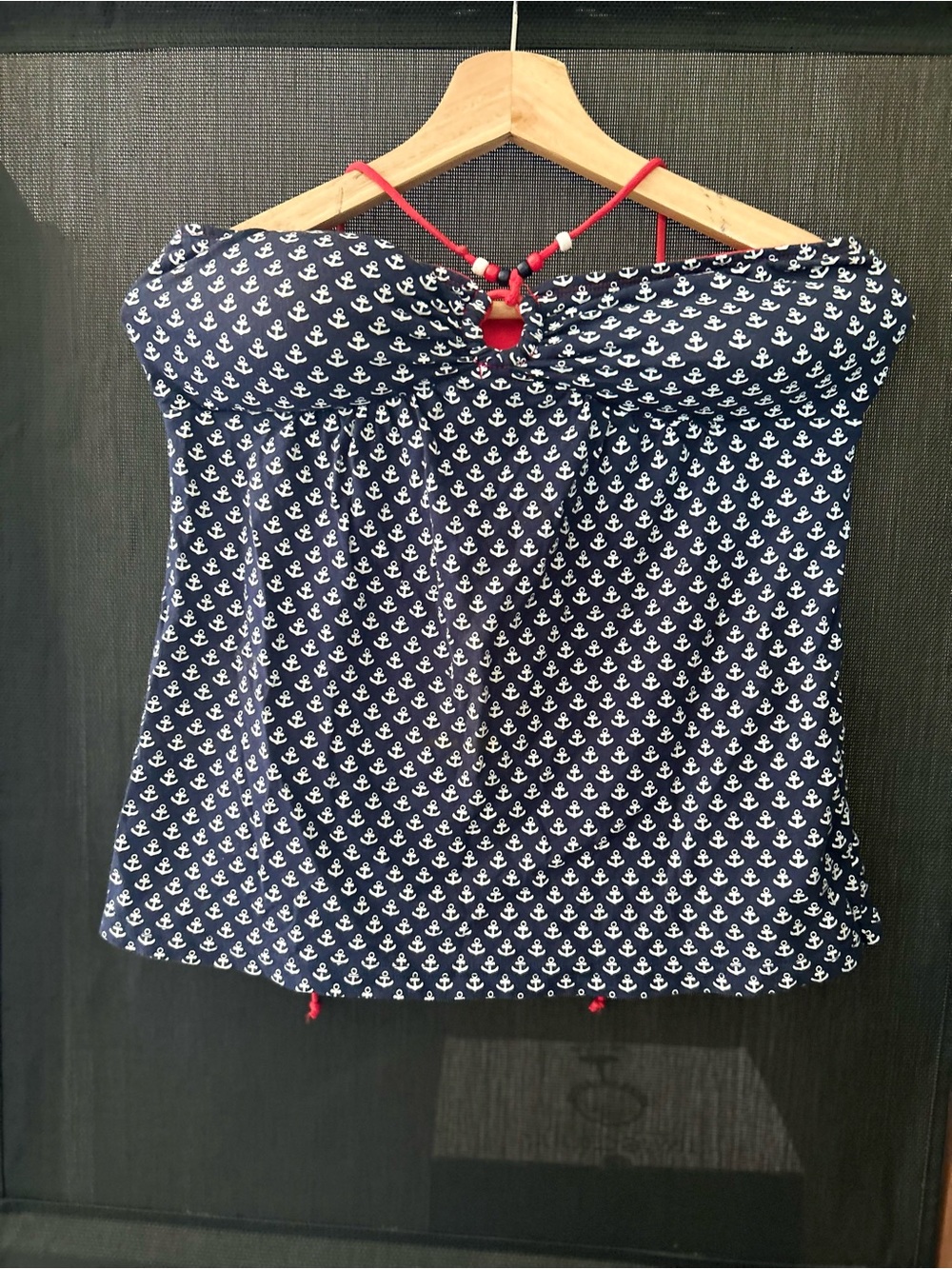 Navy Anchor Print Off-Shoulder Women's Top with Red Strap